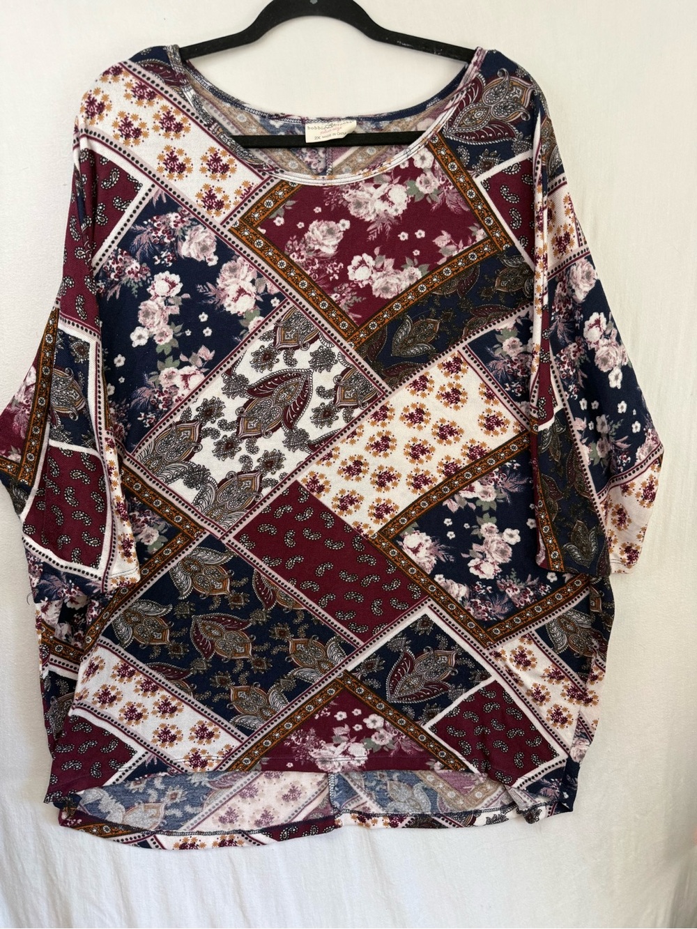 Bobbie Brooks Plus Size Patchwork Floral Dolman Tunic - Burgundy & Navy 2X